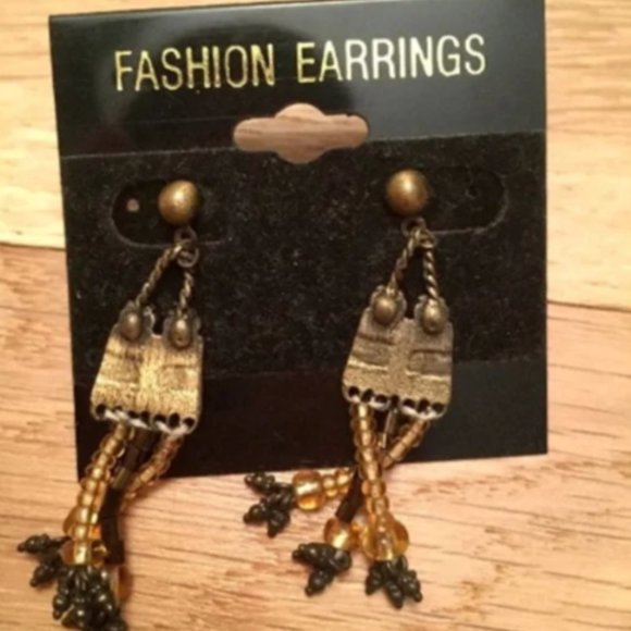 NWT Mixed Metal Costume Brown and Gold Beaded Earrings - Picture 3 of 4